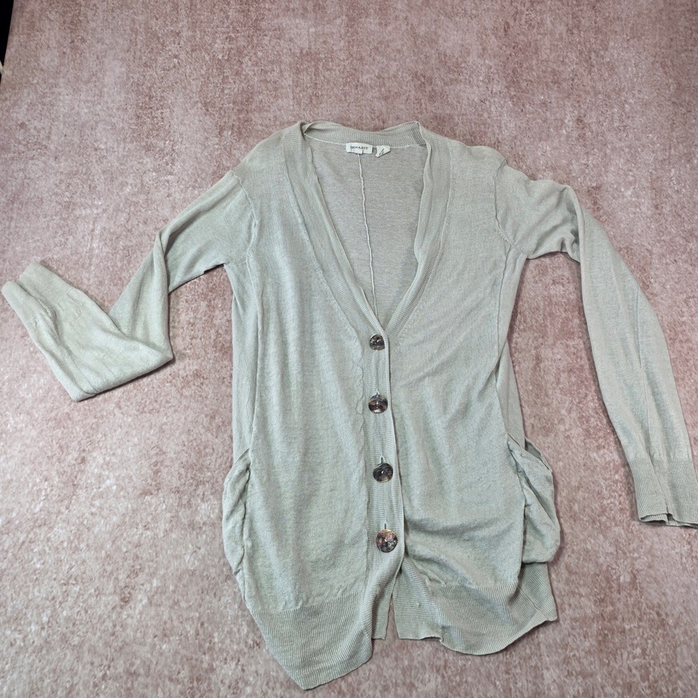 Inhabit Womens 100% Linen Knit V-Neck Cardigan Sweater Beige Small Pockets